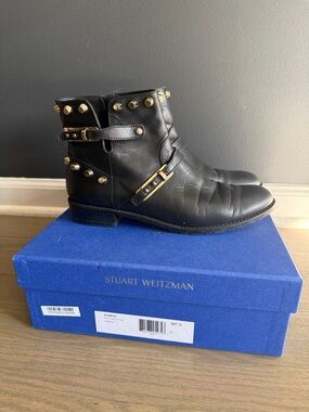 Stuart Weitzman Black Leather Gold-Stud Ankle Boots